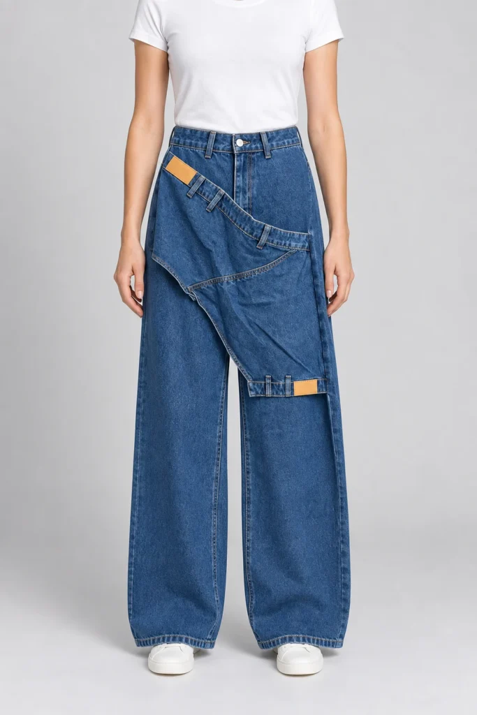 Φαρδύ τζιν Noera Concept P13672 σε μεσαίο μπλε denim, μπροστινή όψη με ενσωματωμένες διαγώνιες λεπτομέρειες